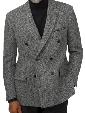 Classic Fit Harris Tweed Double Breasted Peak Lapel Sport Coat - Black/white