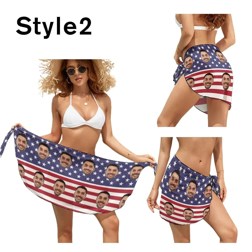 Custom Face American Flag Swim Bikini Cover Up Dress Personalized Women's V-Neck Bikini Beach Tunic Top #Celebrate July Fourth Women's Kimono Chiffon Cover Up