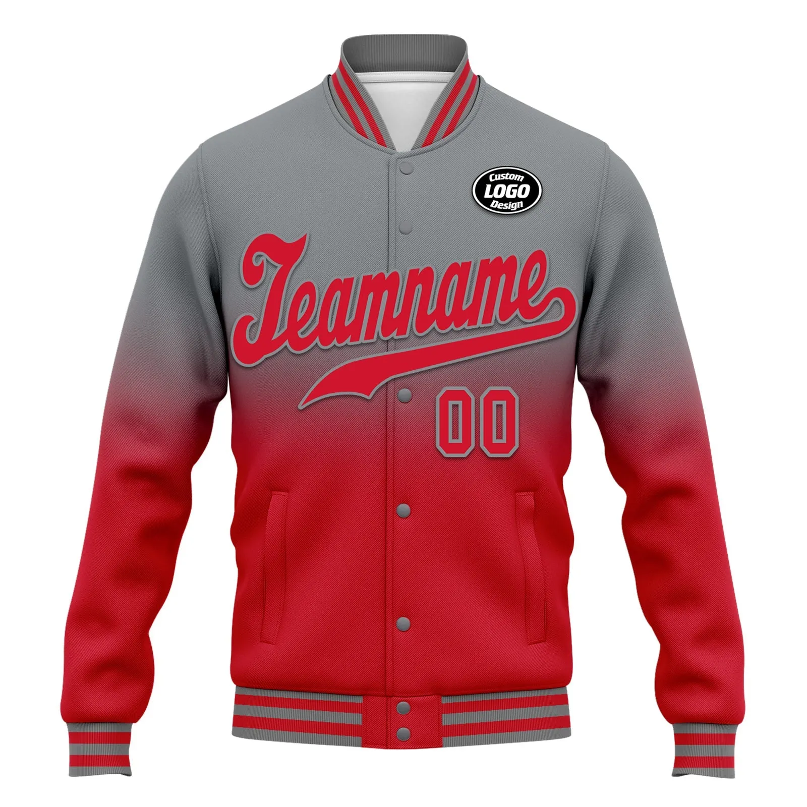 Custom Gray Red Fade Fashion Jacket Bomber Full-Snap Varsity Letterman Personalized Jacket FZ005-D020229-27