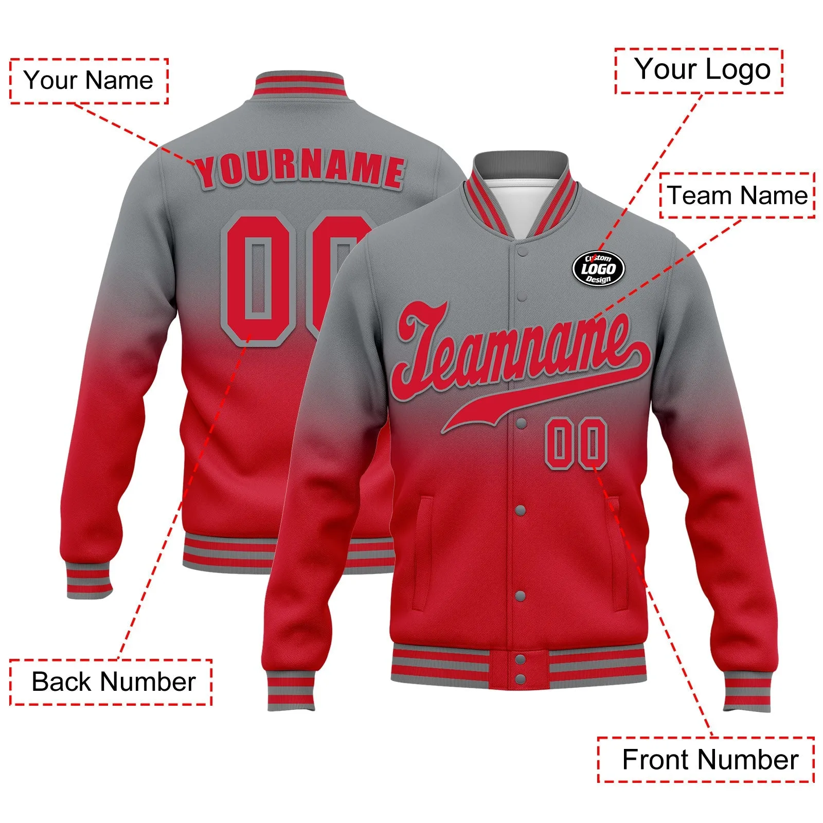 Custom Gray Red Fade Fashion Jacket Bomber Full-Snap Varsity Letterman Personalized Jacket FZ005-D020229-27