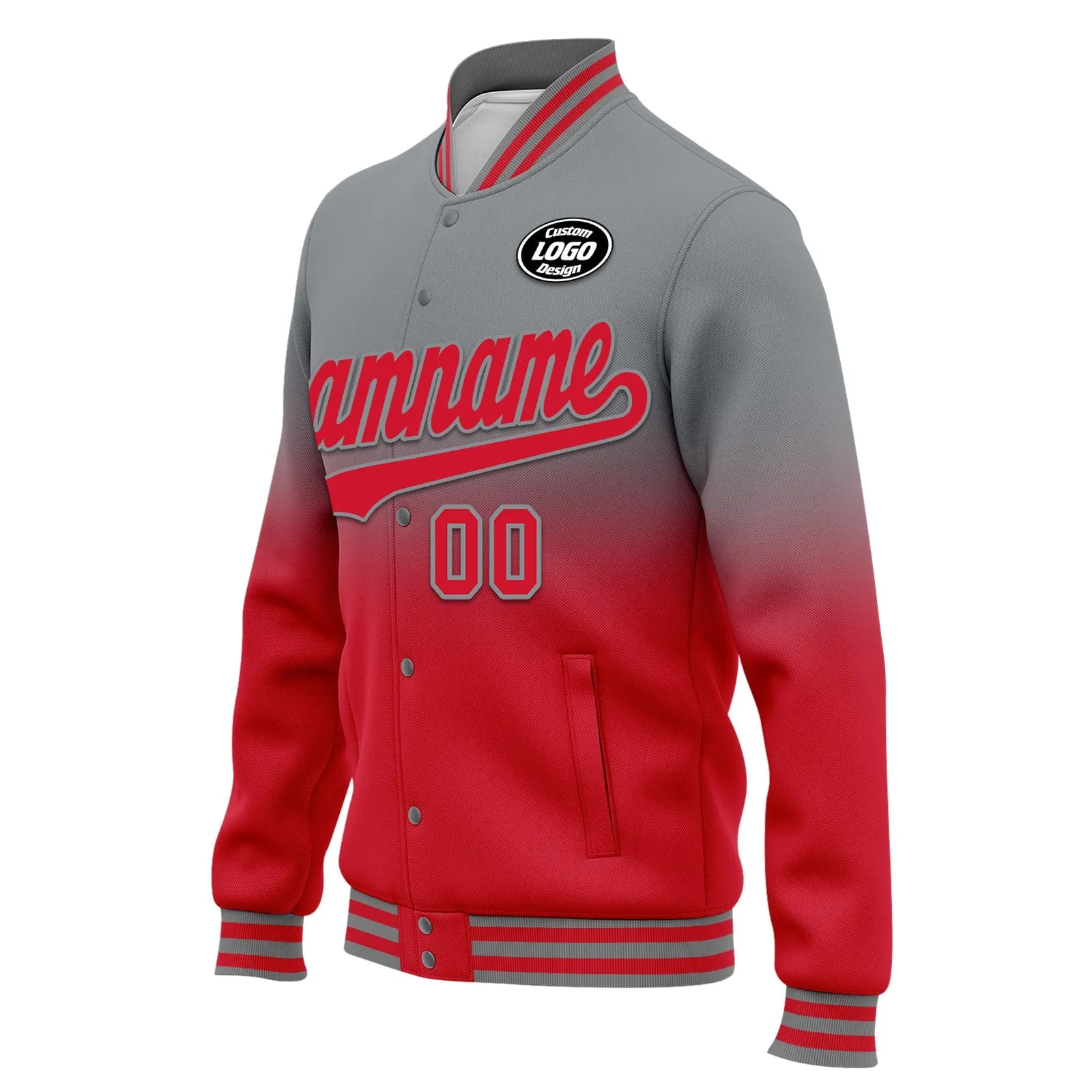 Custom Gray Red Fade Fashion Jacket Bomber Full-Snap Varsity Letterman Personalized Jacket FZ005-D020229-27