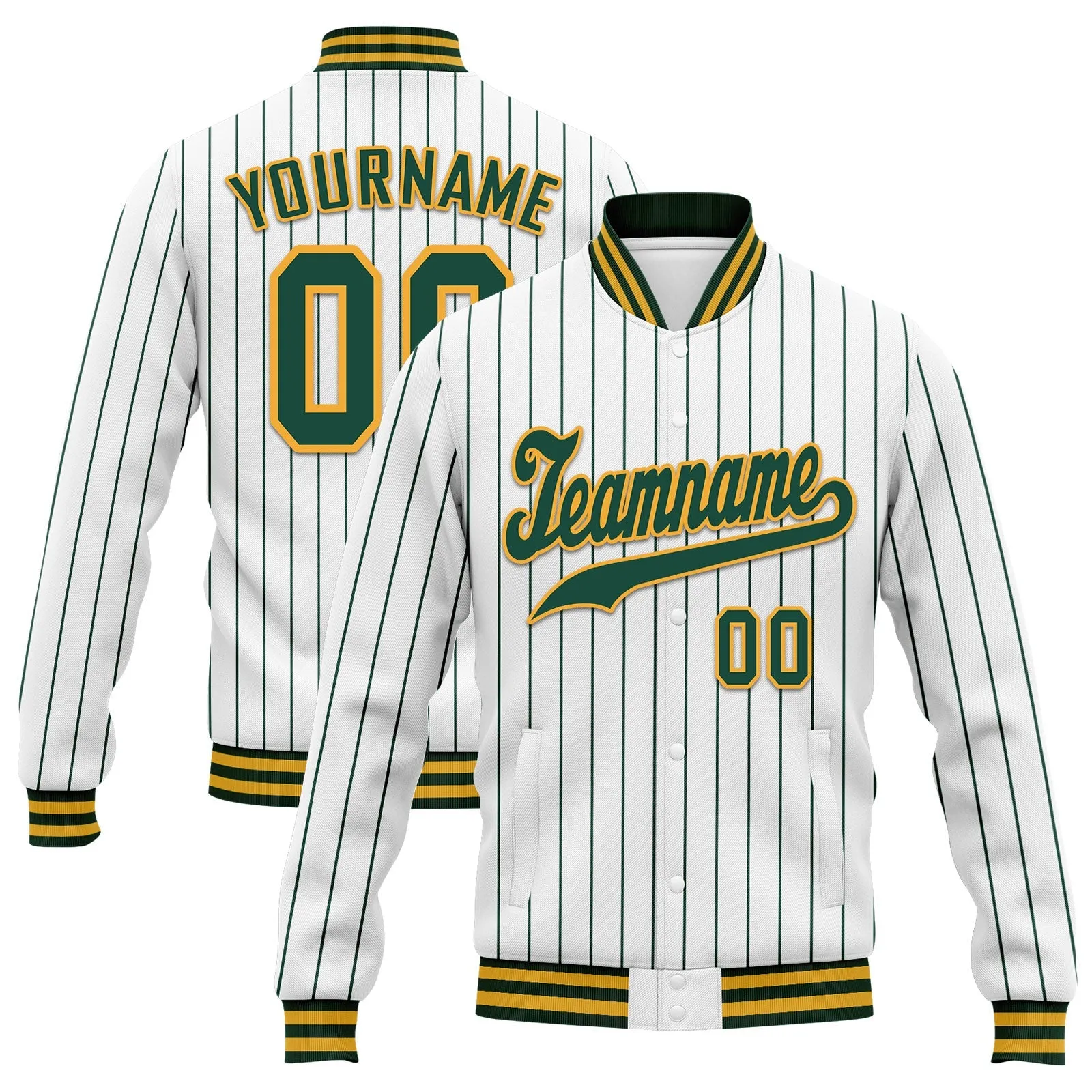 Custom White Forest Green Stripe Fashion Jacket Bomber Full-Snap Varsity Letterman Personalized Jacket FZ005-D020219-5