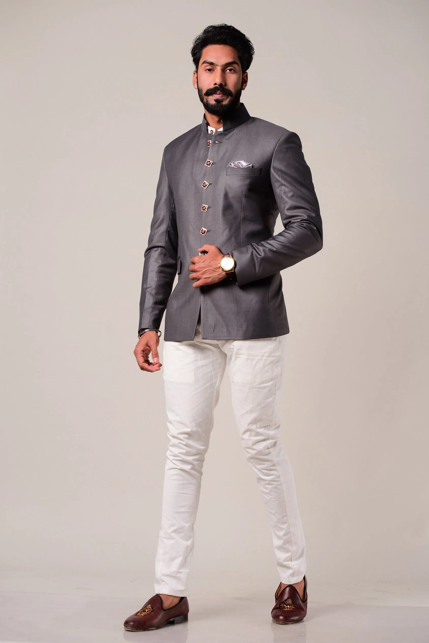 Exclusive Iron Grey Jodhpuri Bandhgala with White Trouser | Perfect for Wedding wear, Festive wear, Functional wear|