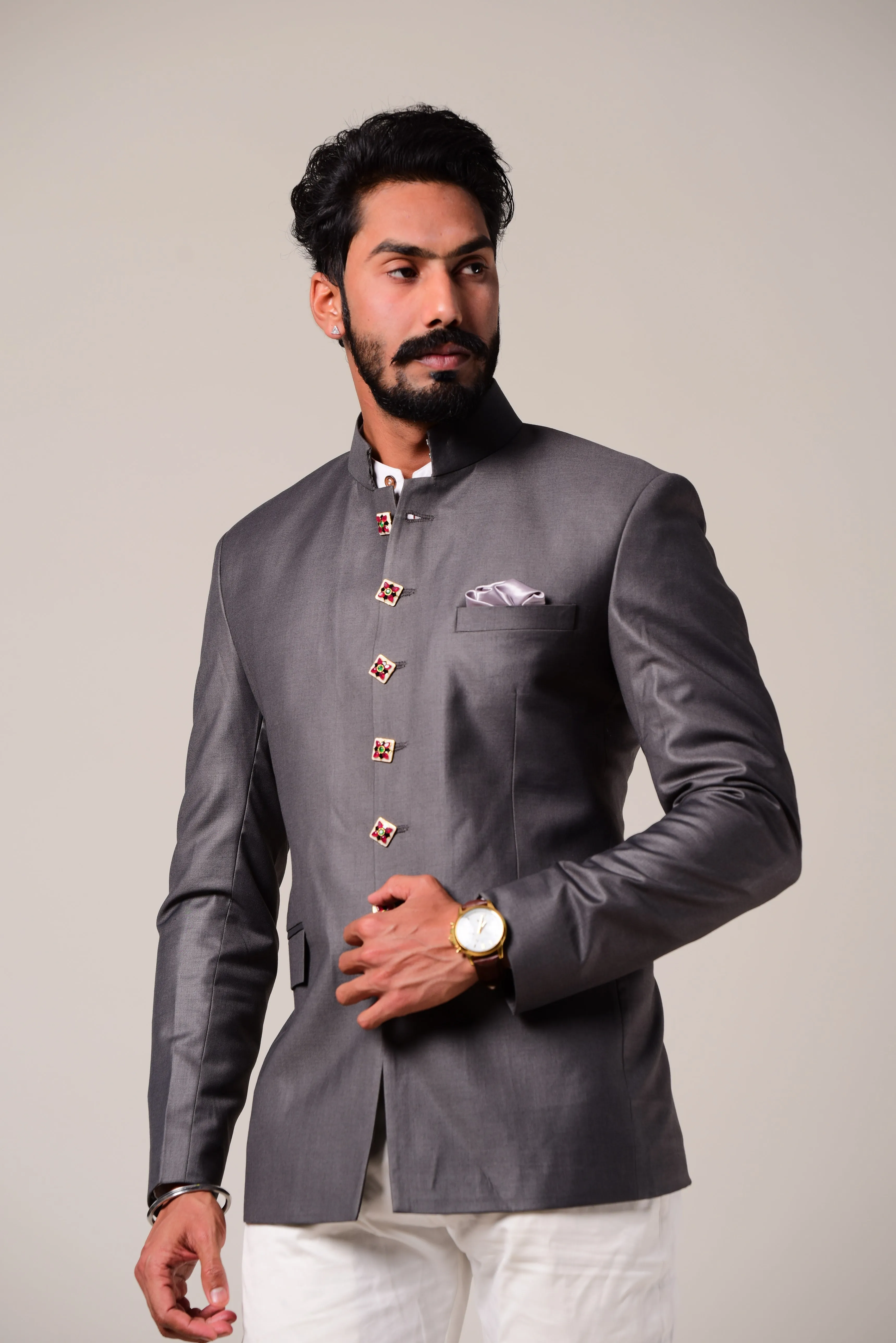 Exclusive Iron Grey Jodhpuri Bandhgala with White Trouser | Perfect for Wedding wear, Festive wear, Functional wear|