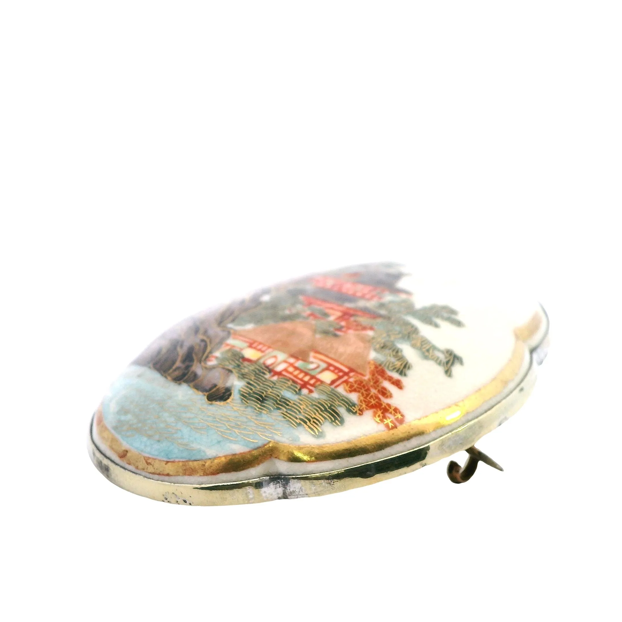 Exquisite Gold-Plated Hand-Painted Satsuma Porcelain Brooch