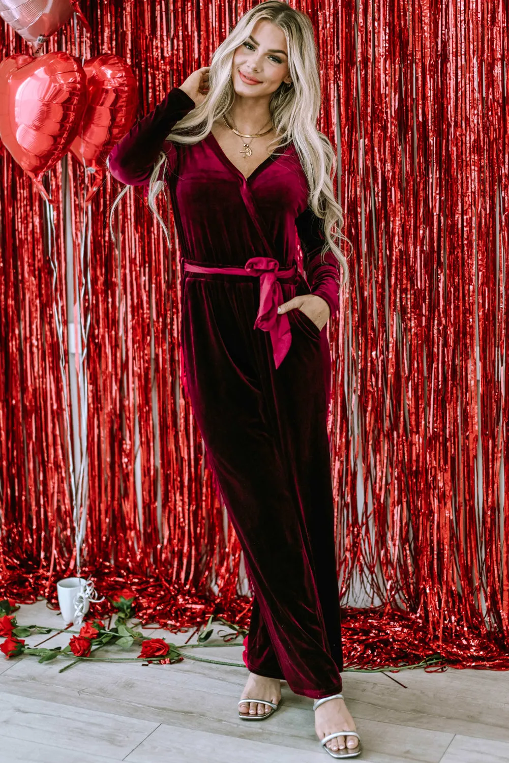 Fiery Red Velvet Pocketed Cut out Back Wide Leg Jumpsuit