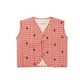 Floess Girls' Quilted Gingham Vest with Strawberry Embroidery