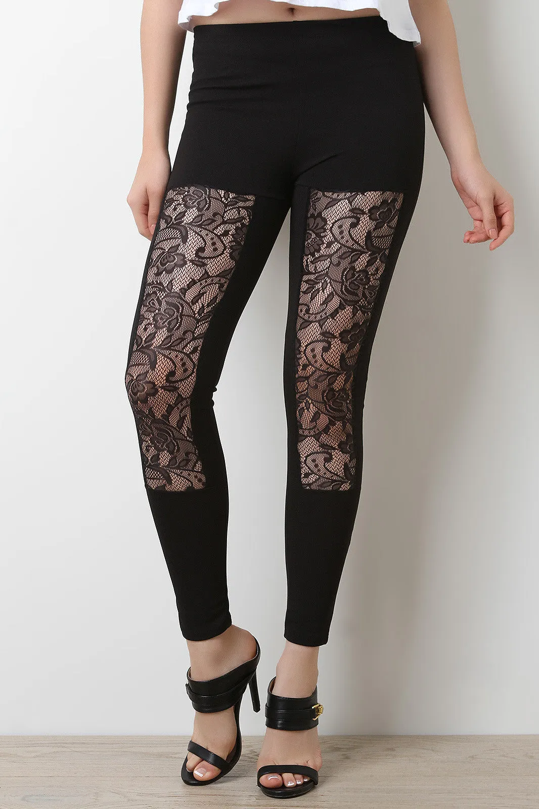 Floral Lace Panel Stretch Leggings