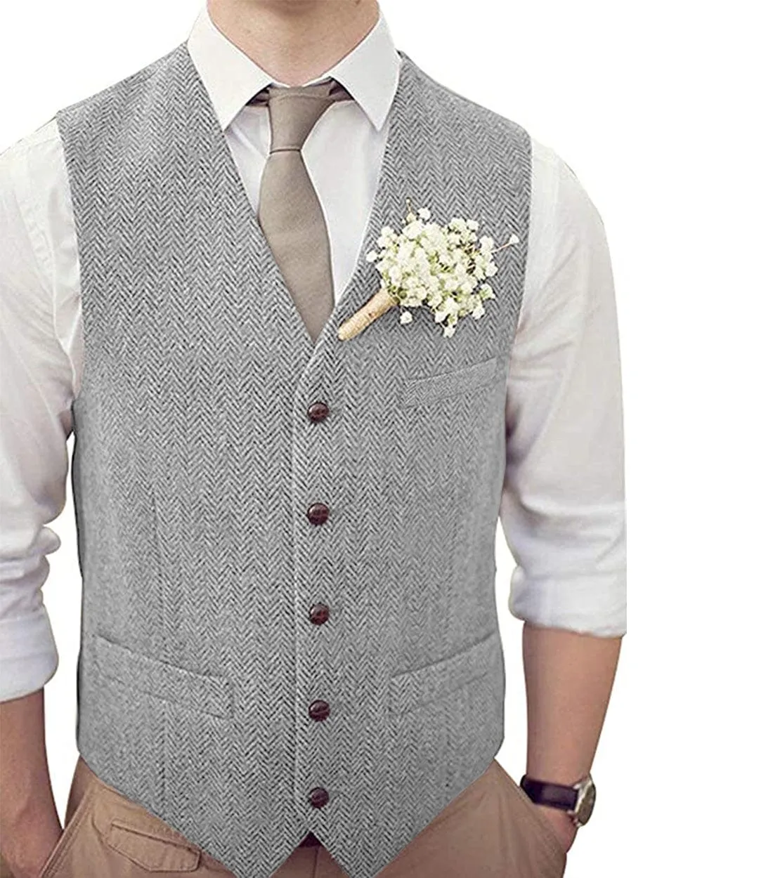 Formal Men's Suit Vest Herringbone V Neck Waistcoat for Wedding