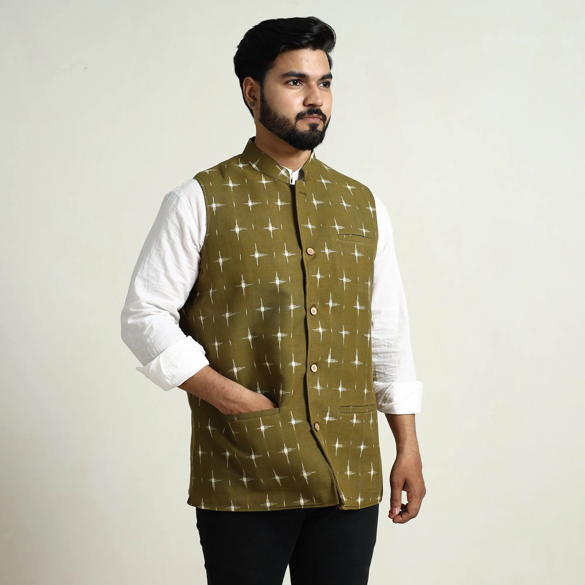 Green - Pochampally Double Ikat Handloom Cotton Men Nehru Jacket 03