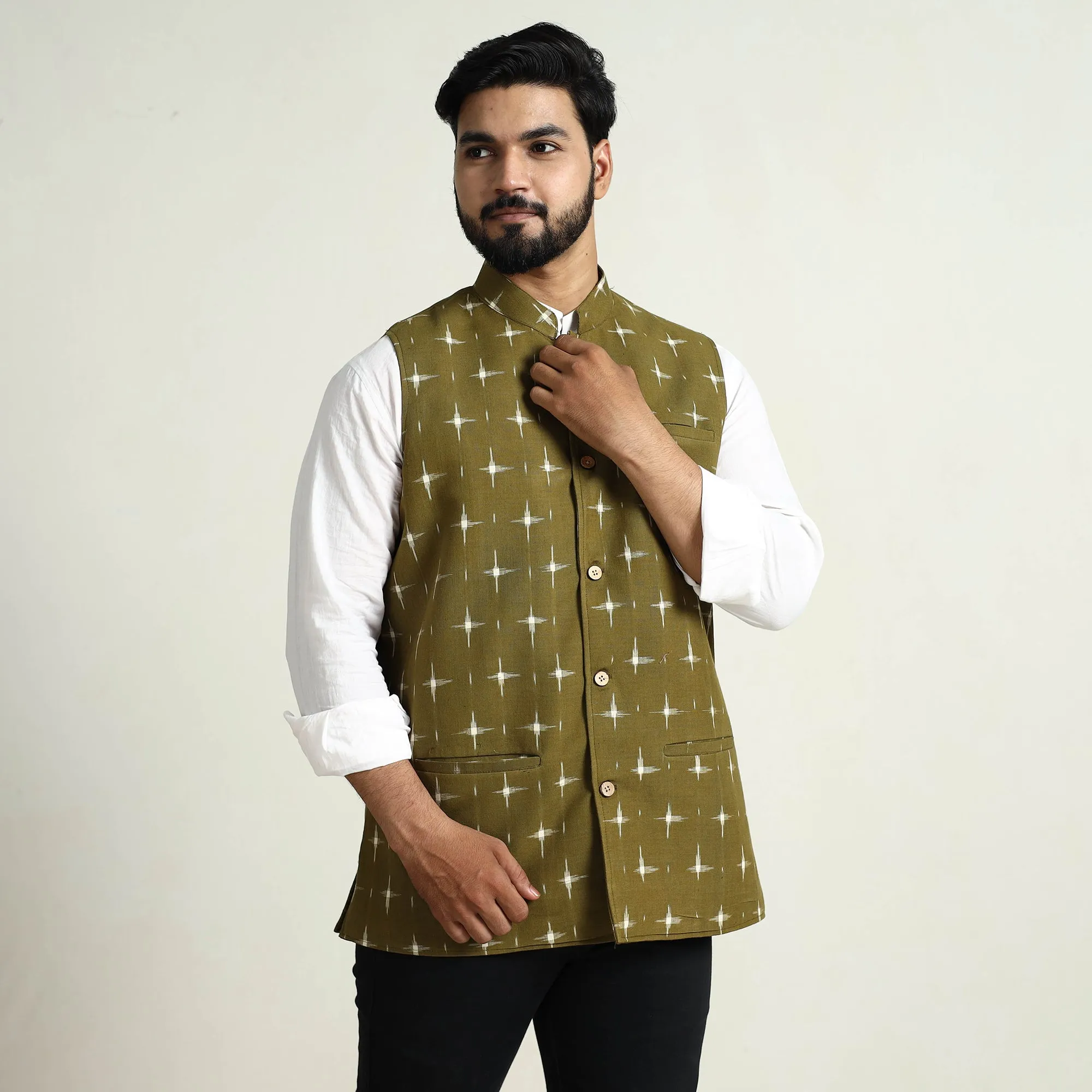 Green - Pochampally Double Ikat Handloom Cotton Men Nehru Jacket 03