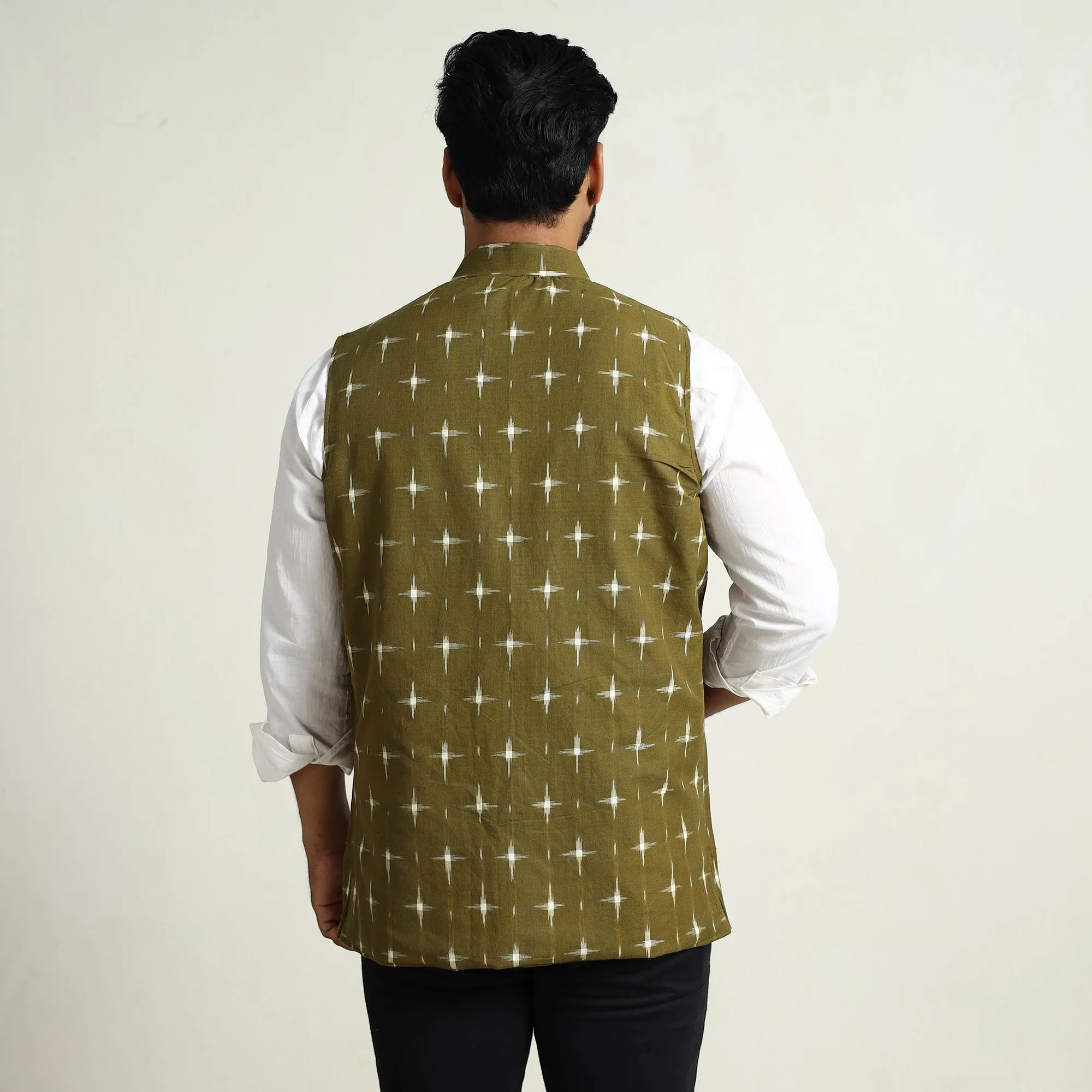 Green - Pochampally Double Ikat Handloom Cotton Men Nehru Jacket 03