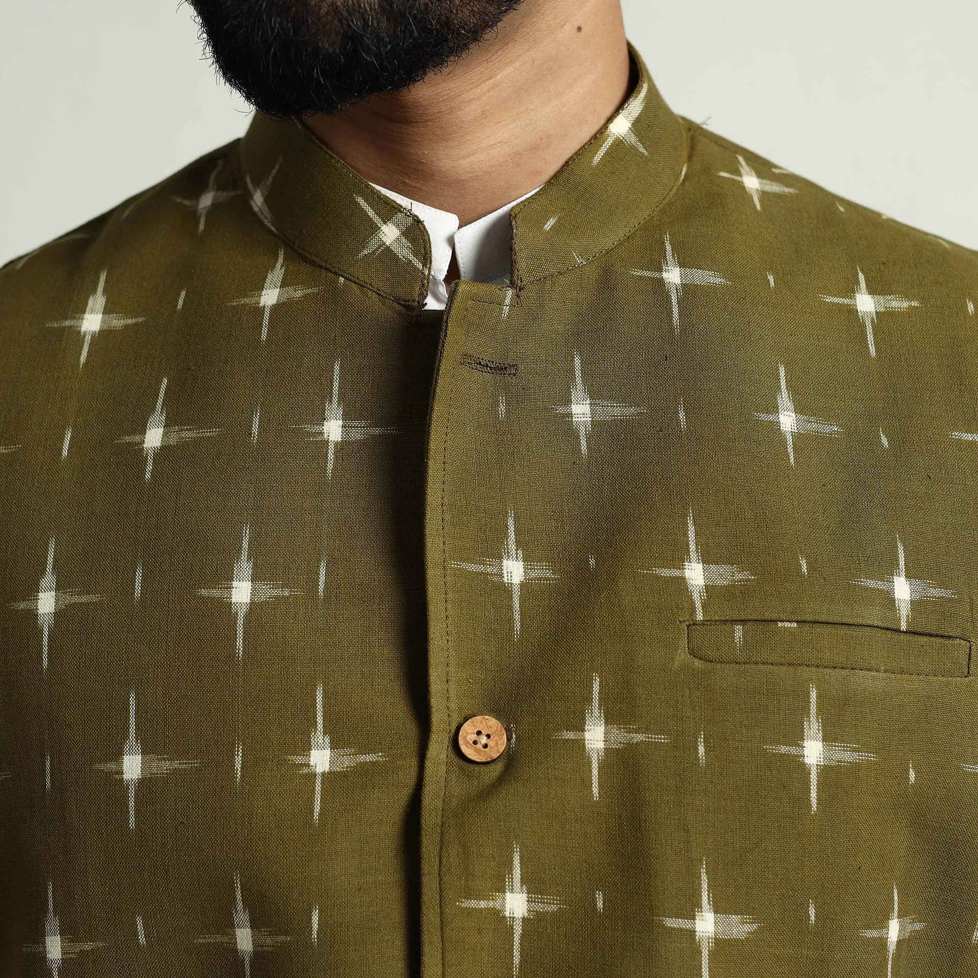 Green - Pochampally Double Ikat Handloom Cotton Men Nehru Jacket 03