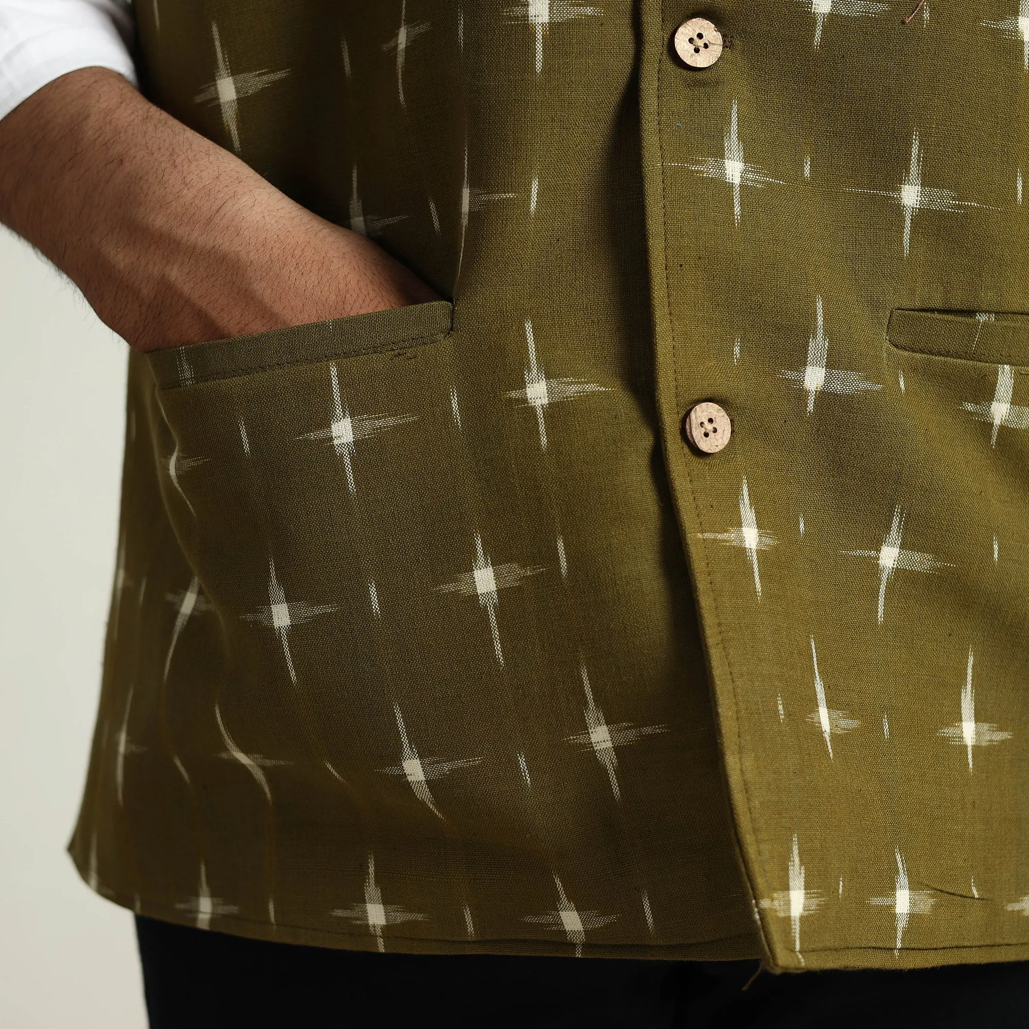 Green - Pochampally Double Ikat Handloom Cotton Men Nehru Jacket 03