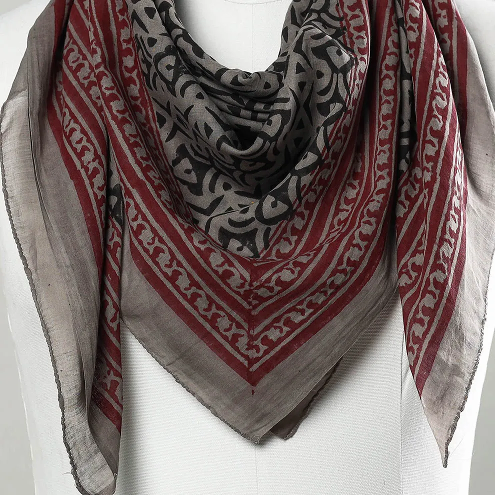 Grey - Bagru Block Printed Mul Cotton Scarf