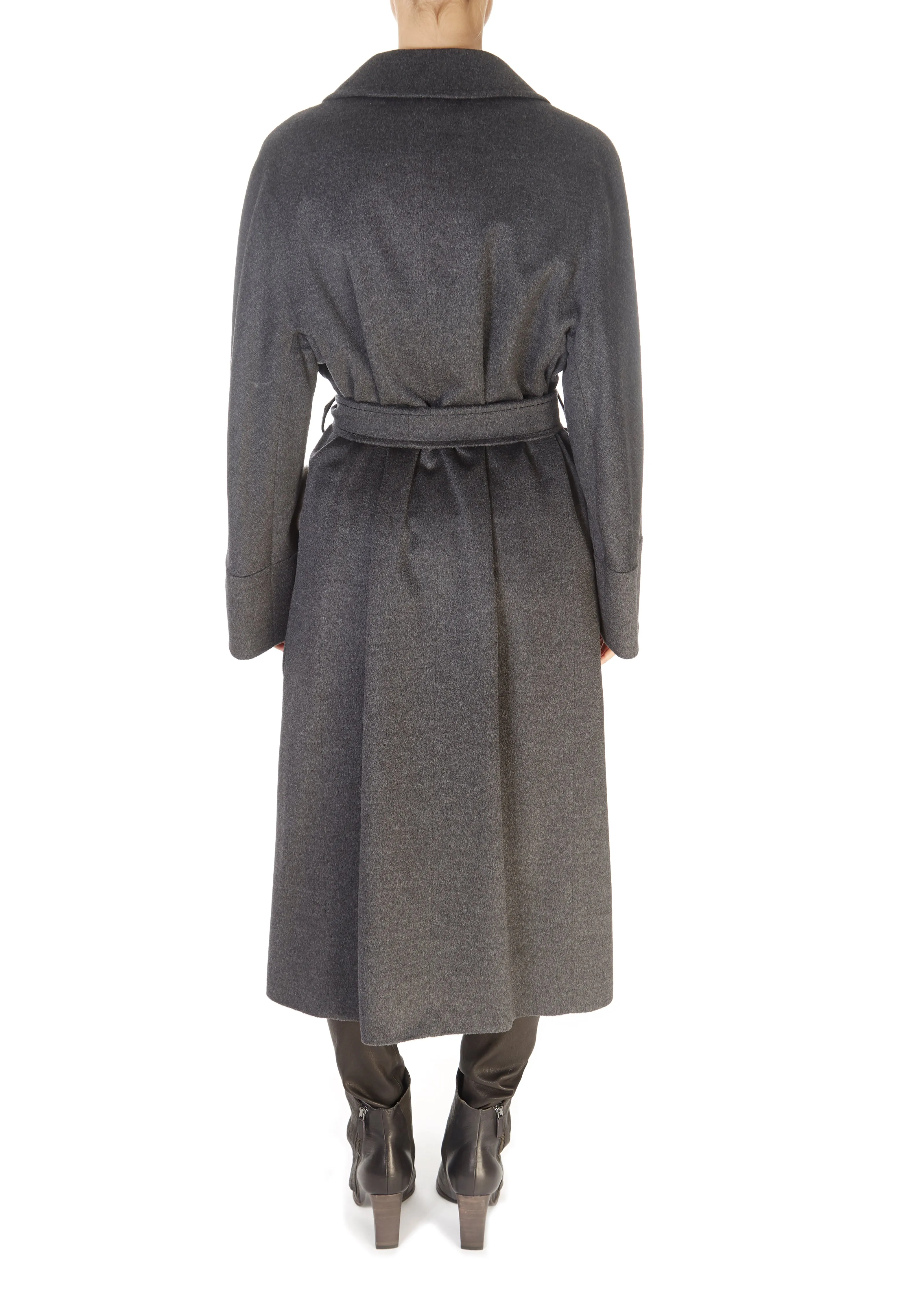 Grey Belted Wool Coat With Mink Pocket Trim