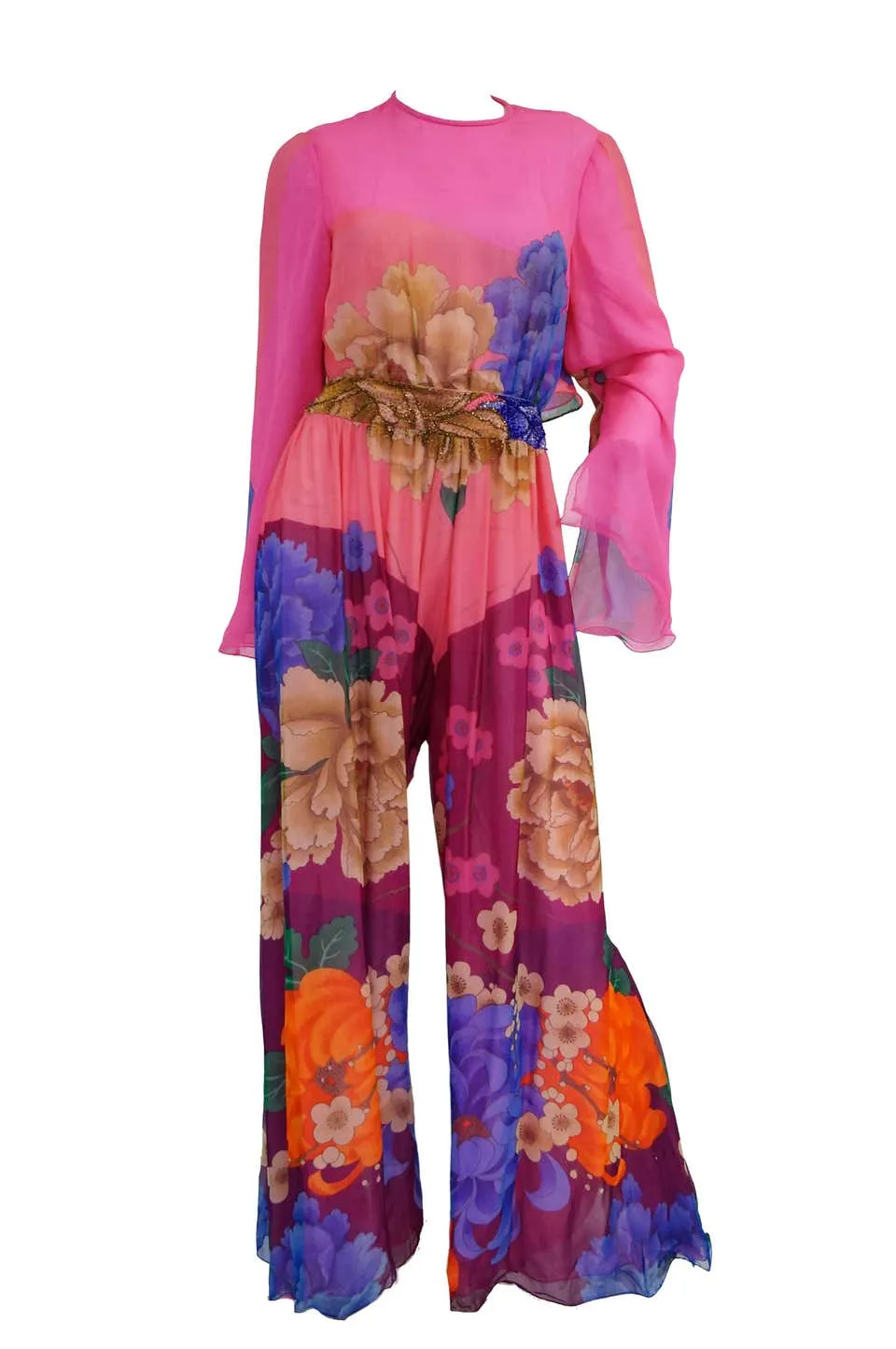 Hanae Mori Silk Floral Jumpsuit, 1970s