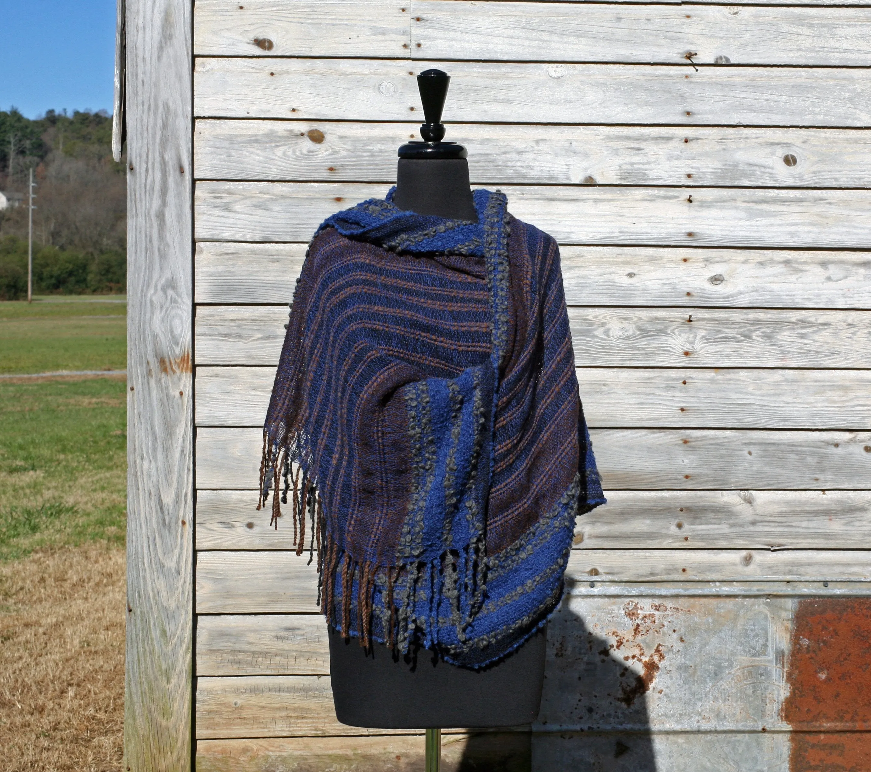 Hand-woven Baby Alpaca Boucle Fantasia Shawl - Blue Grey