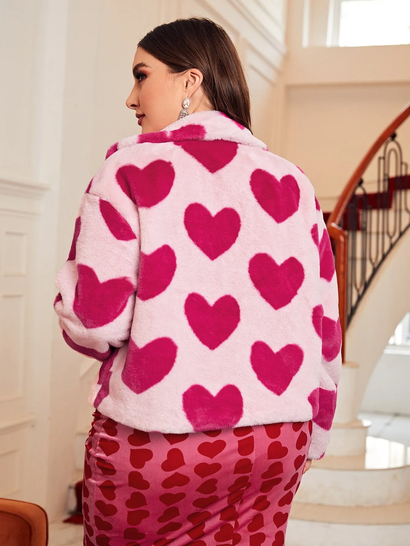 Heart Zipper Long Sleeve Collar Regular Plus Size Jacket