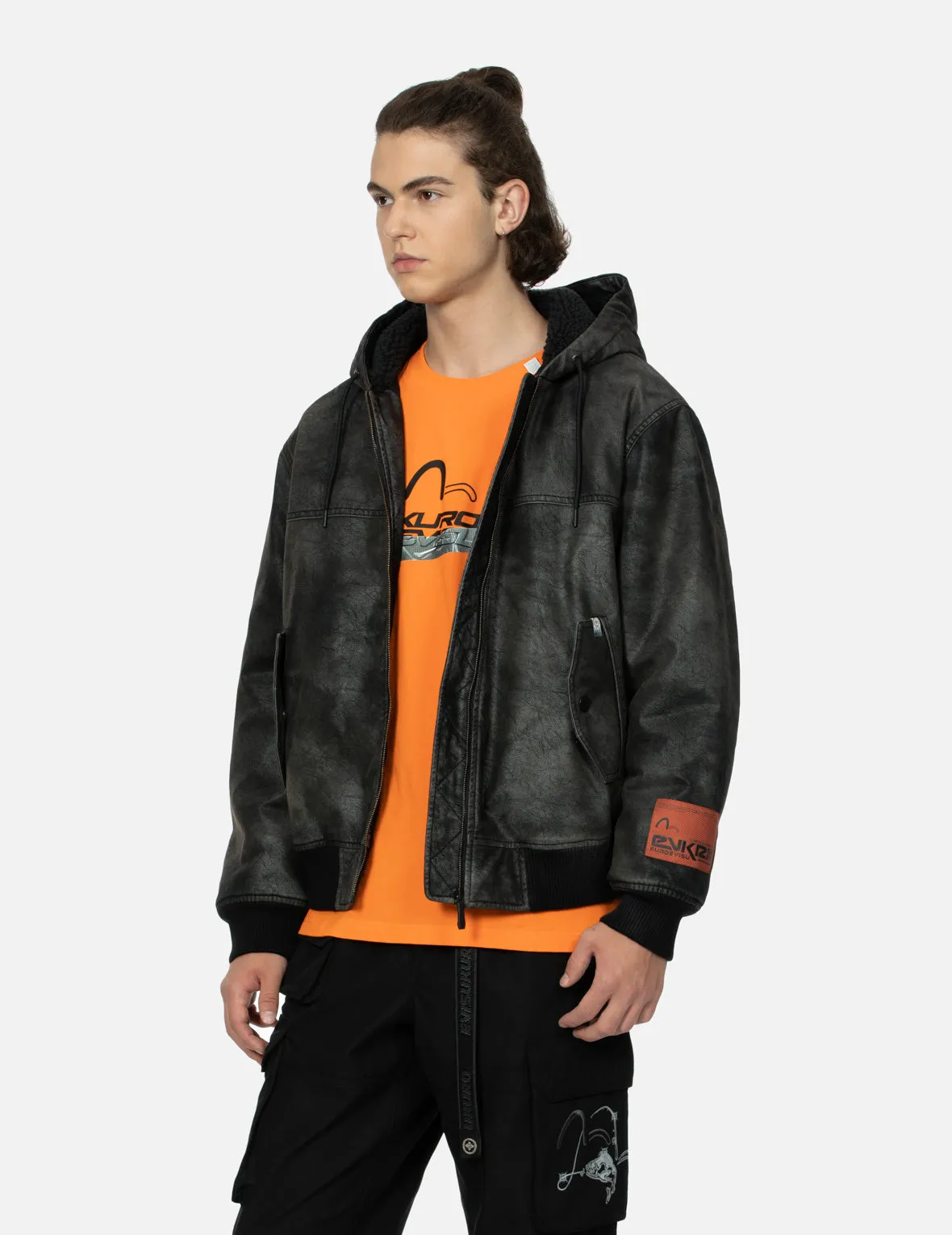 Hooded Grain Pattern Regular Fit Leather Bomber Jacket