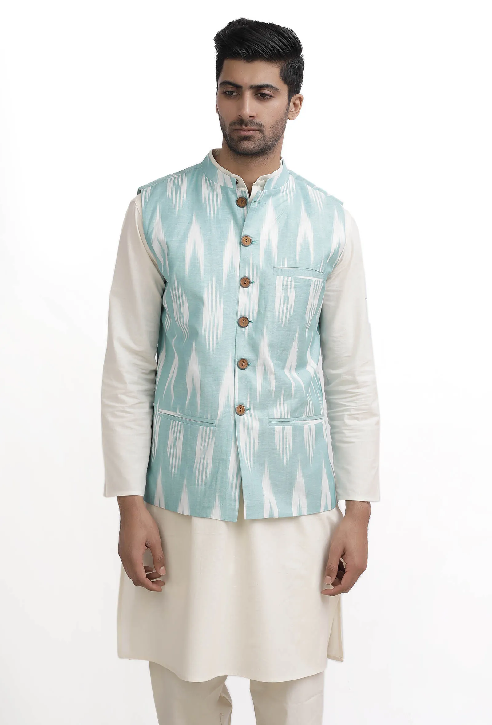 Ice Blue Ikat Nehru Jacket