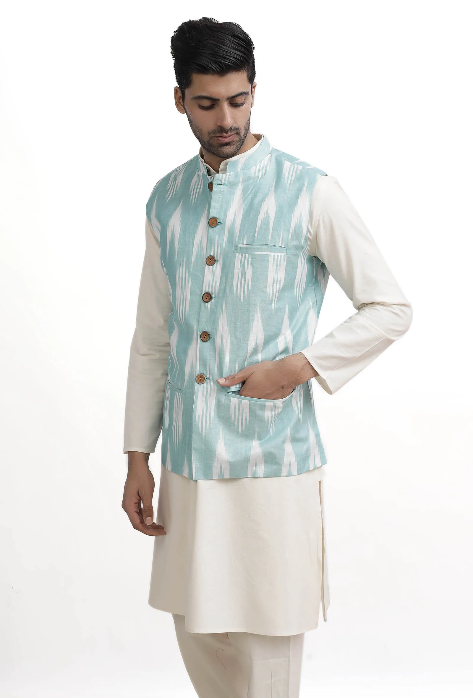 Ice Blue Ikat Nehru Jacket