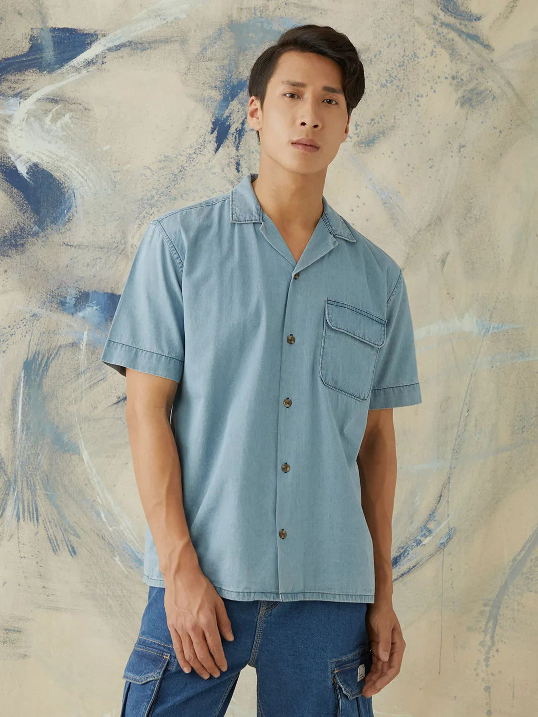 Indigo Plain Half Sleeve Denim Shirt