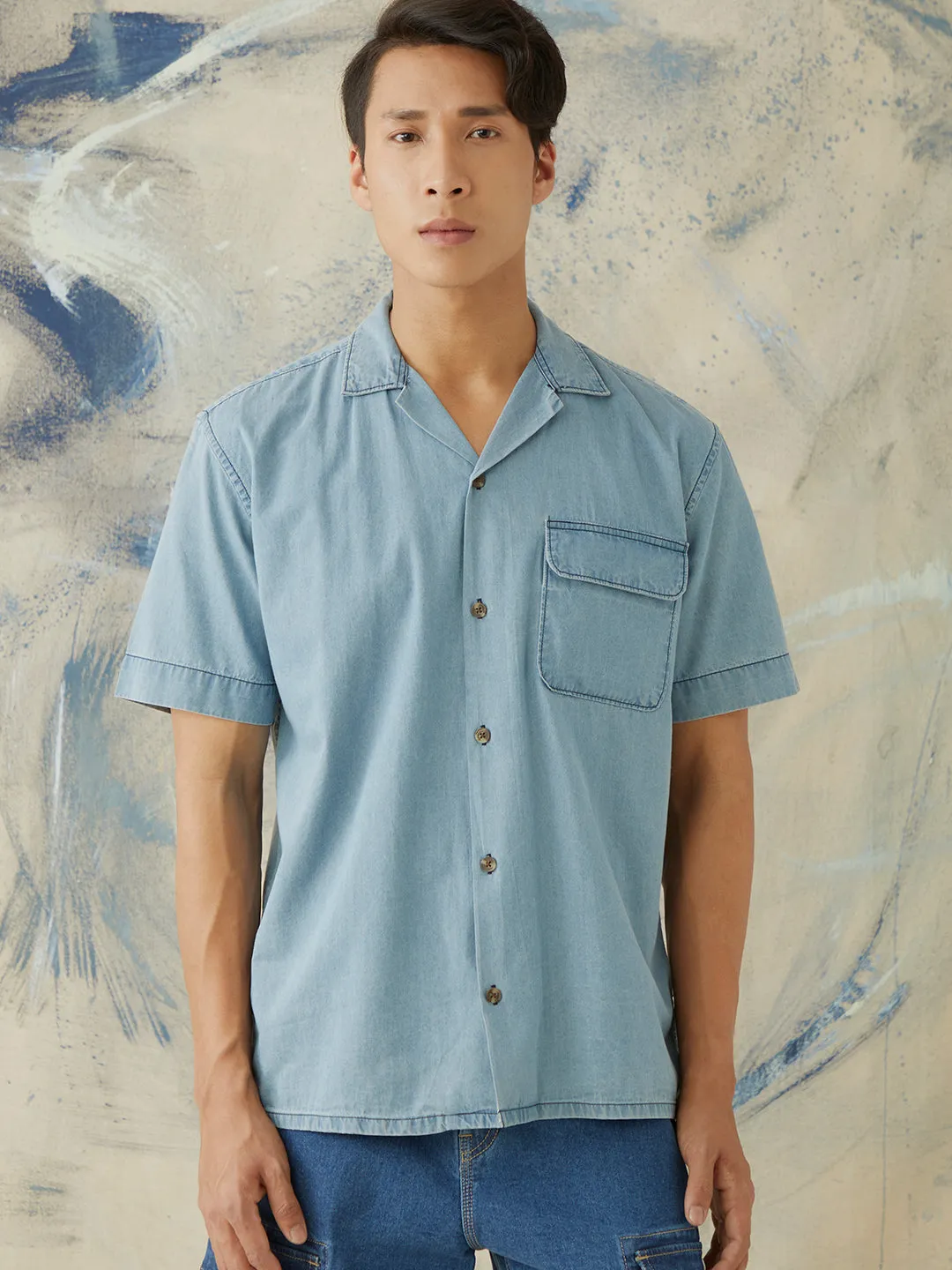 Indigo Plain Half Sleeve Denim Shirt