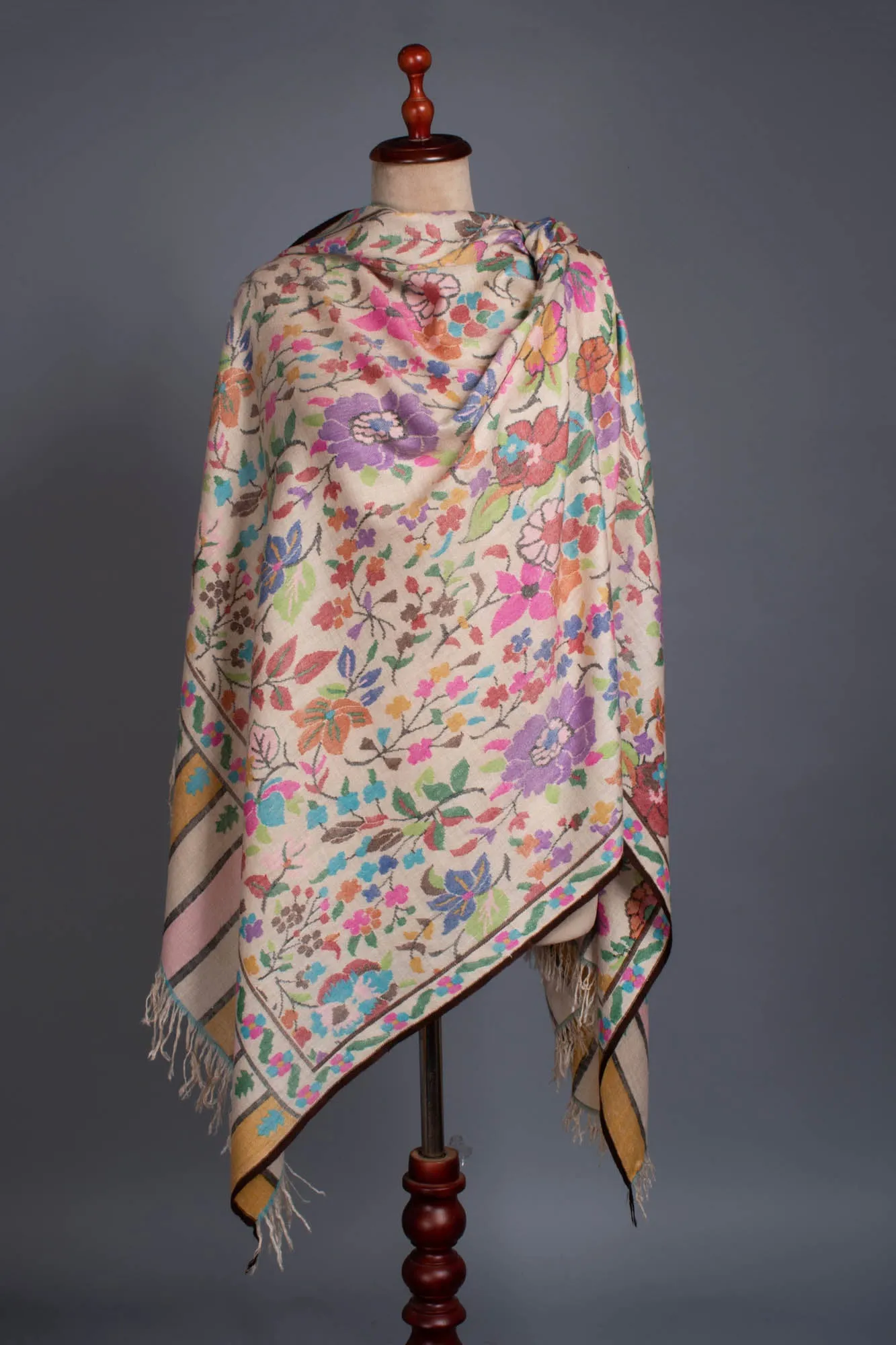 Ivory Floral Kani Wedding Pashmina Shawl - ZALIPIE