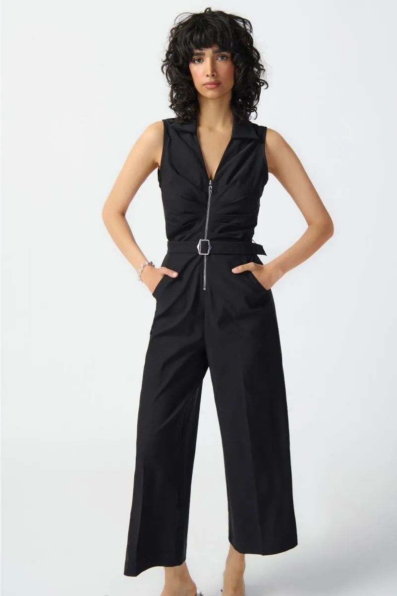 Joseph Ribkoff Black Pleated Zip Front Belted Cropped Jumpsuit 241101