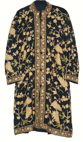 Kashmiri Woolen Coat Black, Cream and Olive Embroidery #AO-161