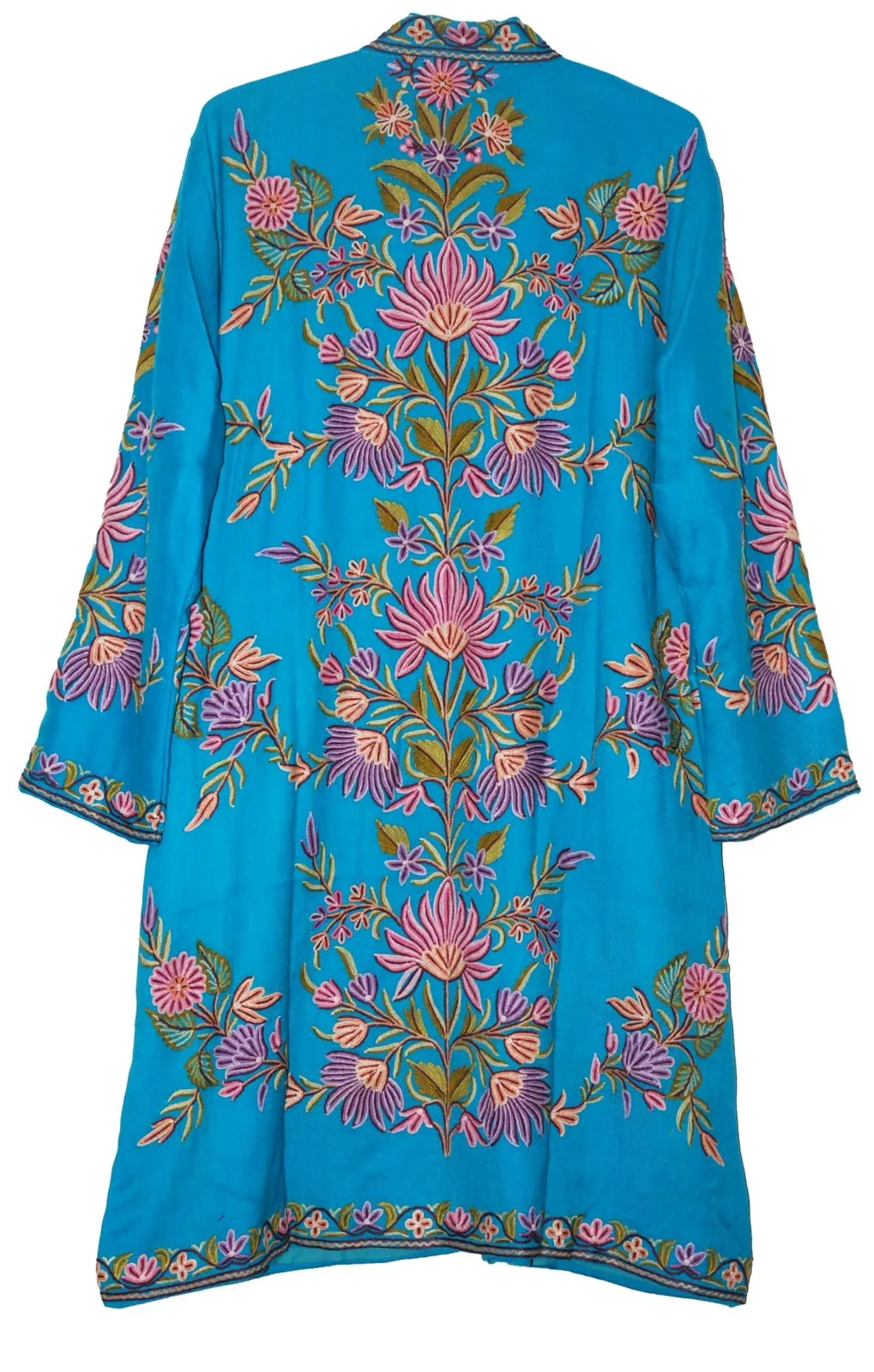 Kashmiri Woolen Coat Sky Blue, Purple Embroidery #AO-1131