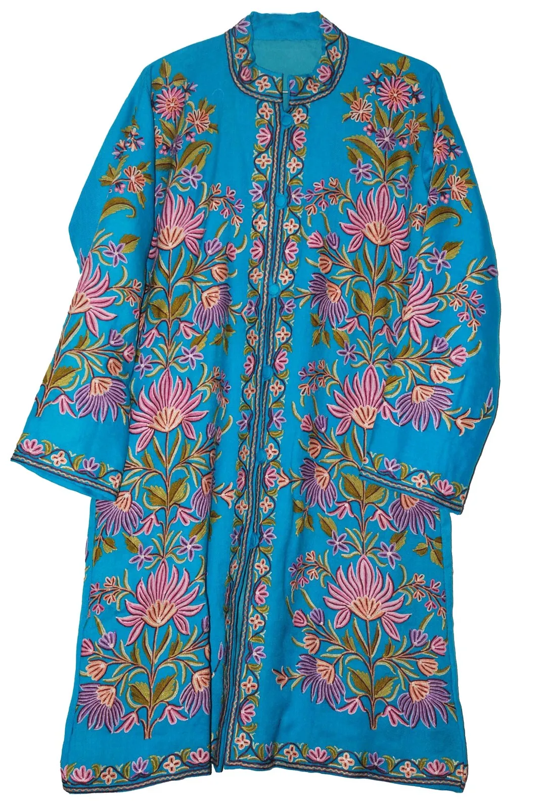 Kashmiri Woolen Coat Sky Blue, Purple Embroidery #AO-1131