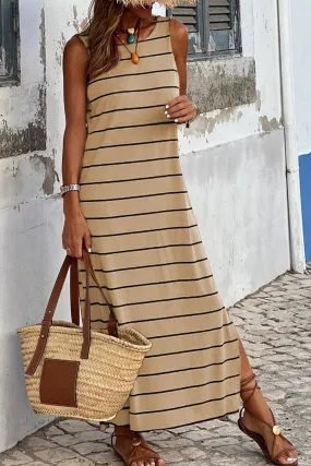 Khaki High Neck Stripe Maxi Dress