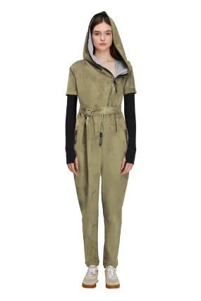 Khaki Short/Long Sleeve Hooded Full-Length Belted Casual Jumpsuit GAGA