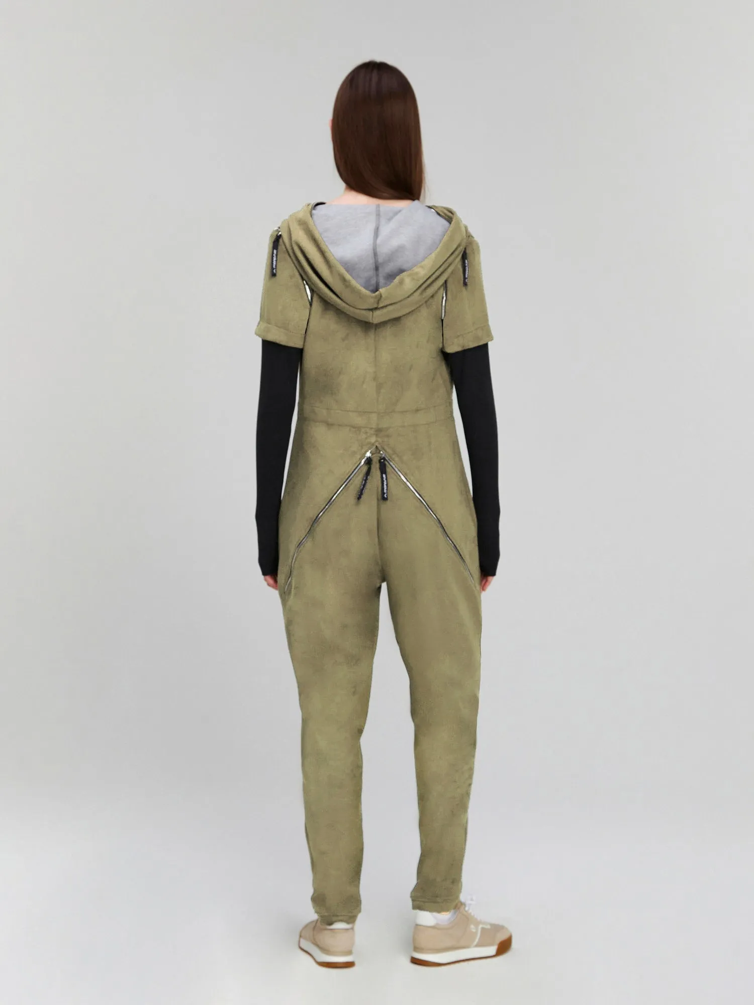 Khaki Short/Long Sleeve Hooded Full-Length Belted Casual Jumpsuit GAGA