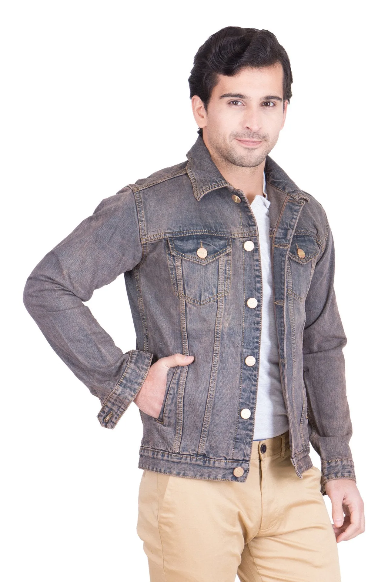 Krossstitch Full Sleeve Reddish Brown Men's Denim Jacket with Brass Button