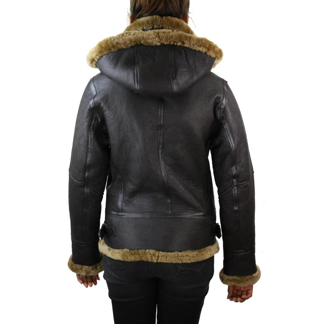 Ladies Aviator New Ginger Women's Hooded Real Shearling Sheepskin Leather Jacket