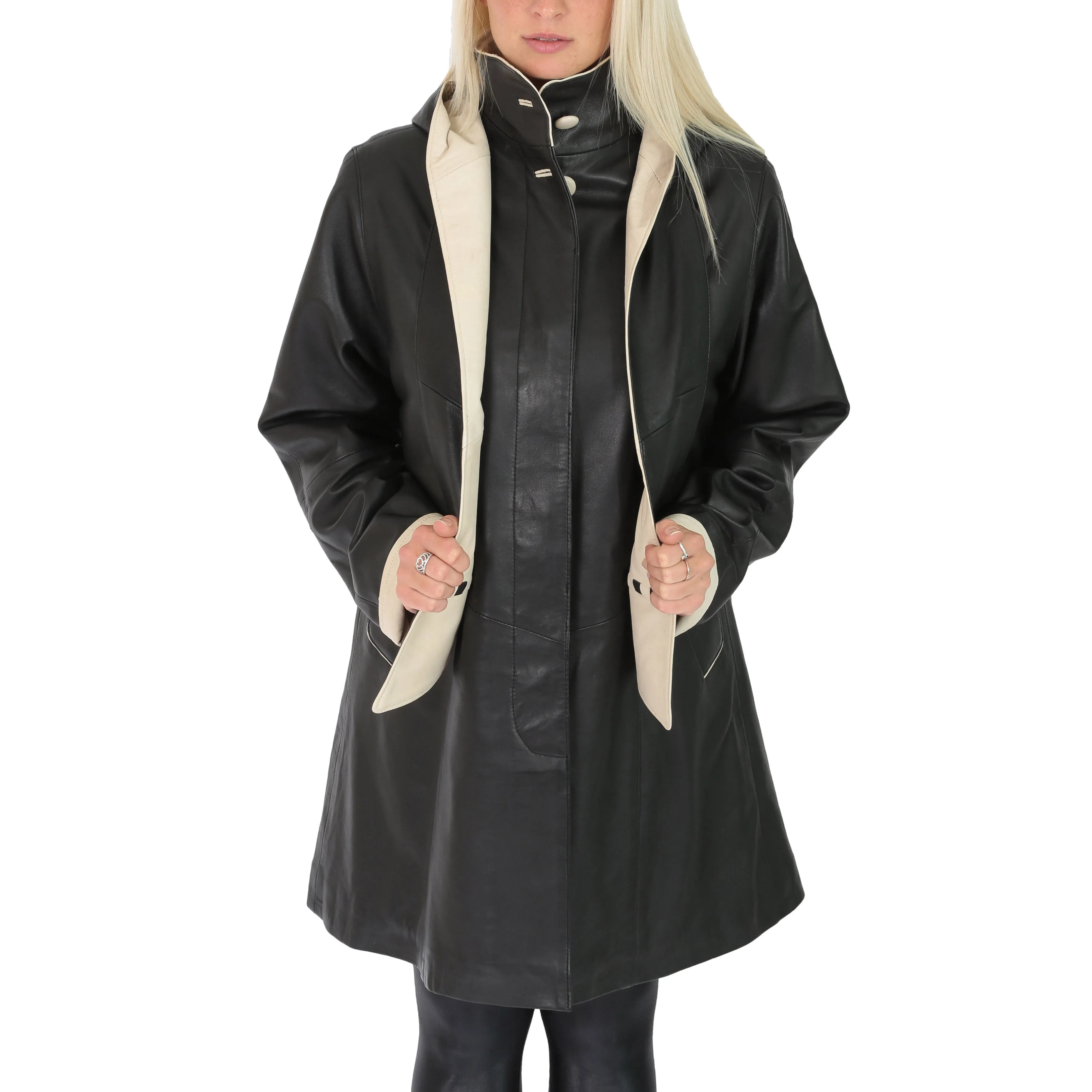 Ladies Parka Leather Coat Black Beige Trim Hooded with Scarf Dress Jacket Pat