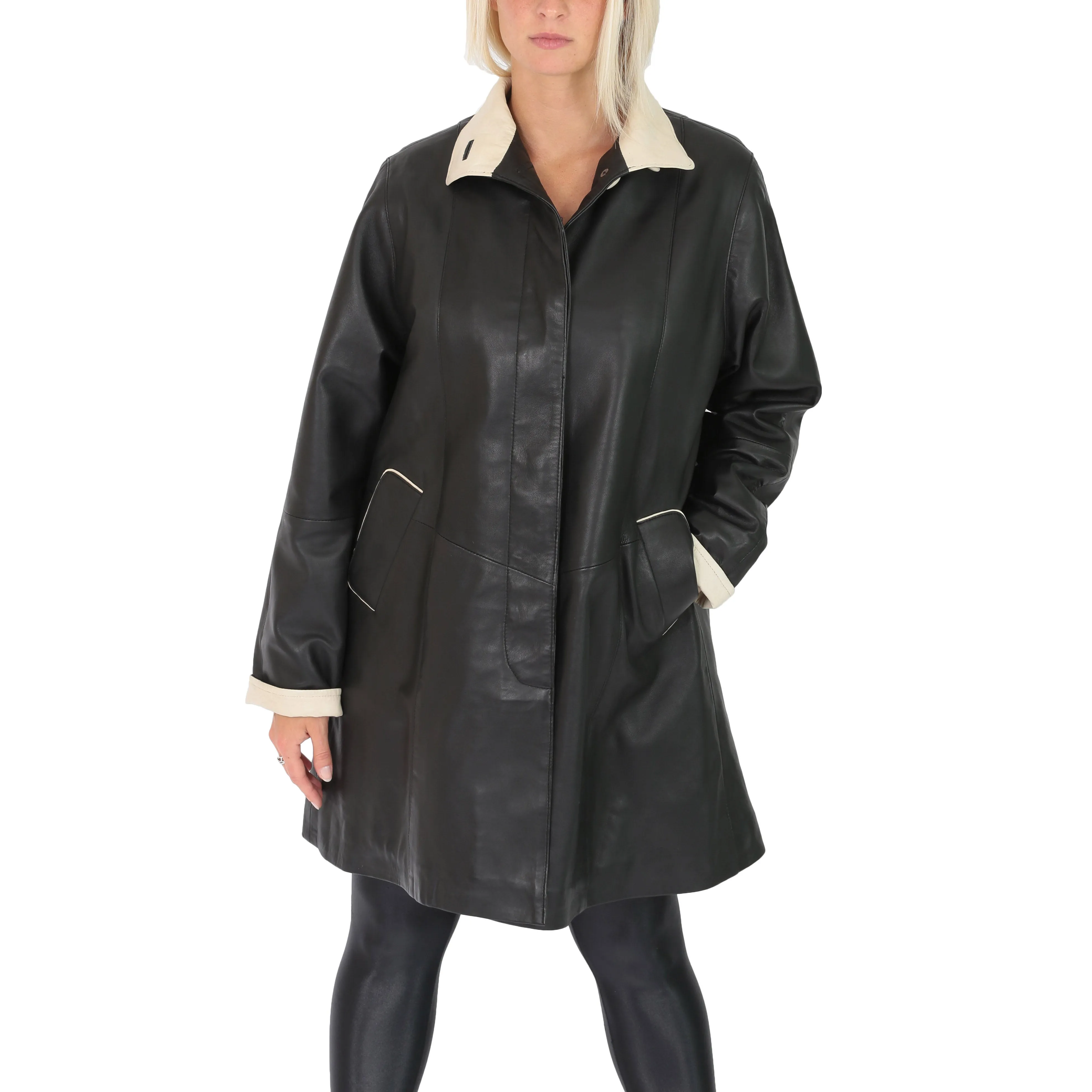 Ladies Parka Leather Coat Black Beige Trim Hooded with Scarf Dress Jacket Pat