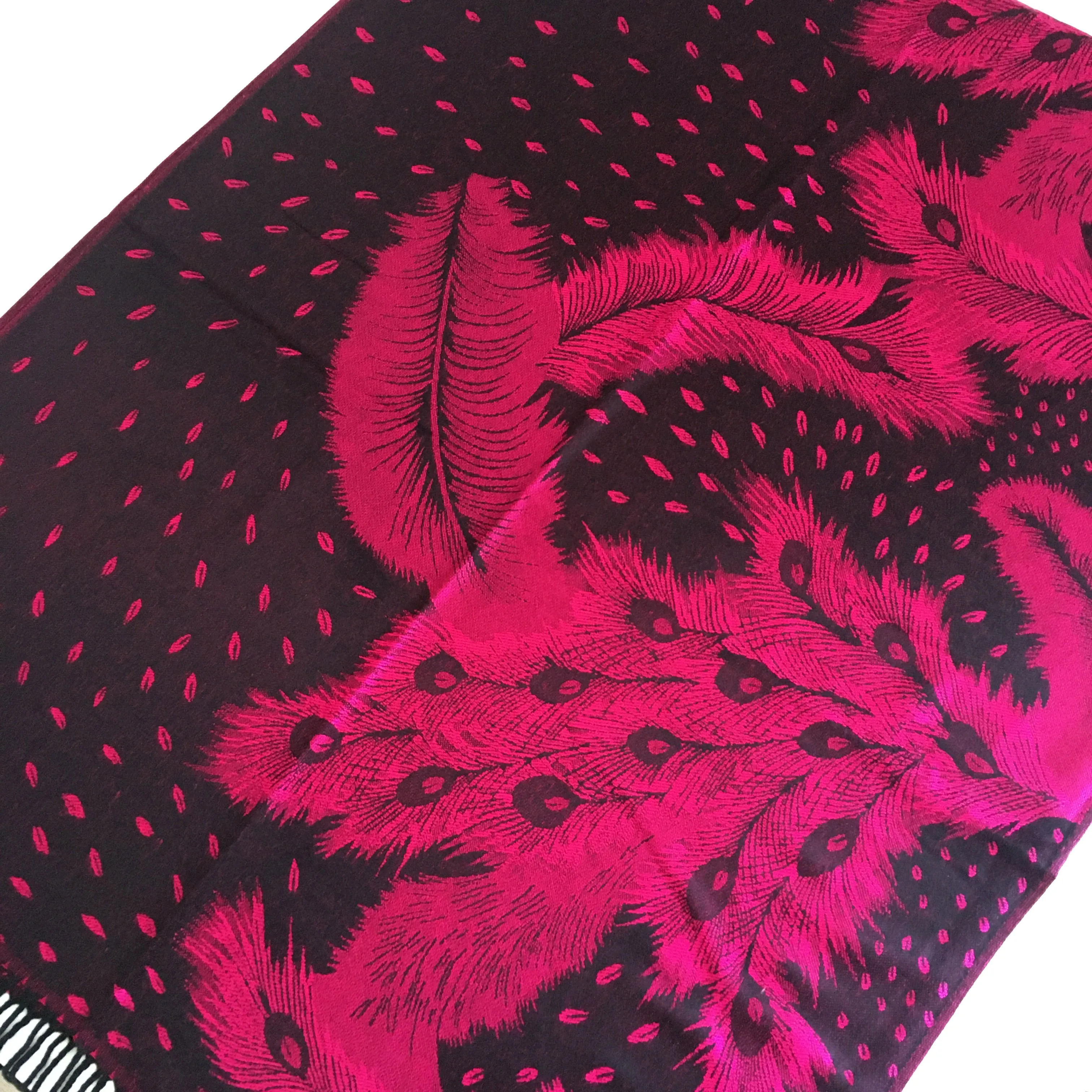 LARGE BLACK FEATHER AND LEAF PRINT REVERSIBLE PASHMINA SHAWL SCARF