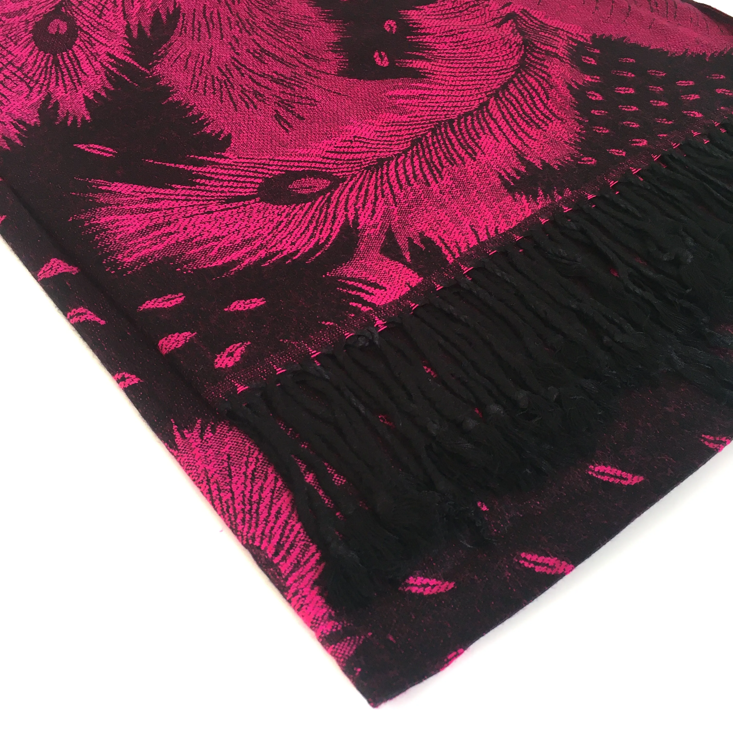 LARGE BLACK FEATHER AND LEAF PRINT REVERSIBLE PASHMINA SHAWL SCARF