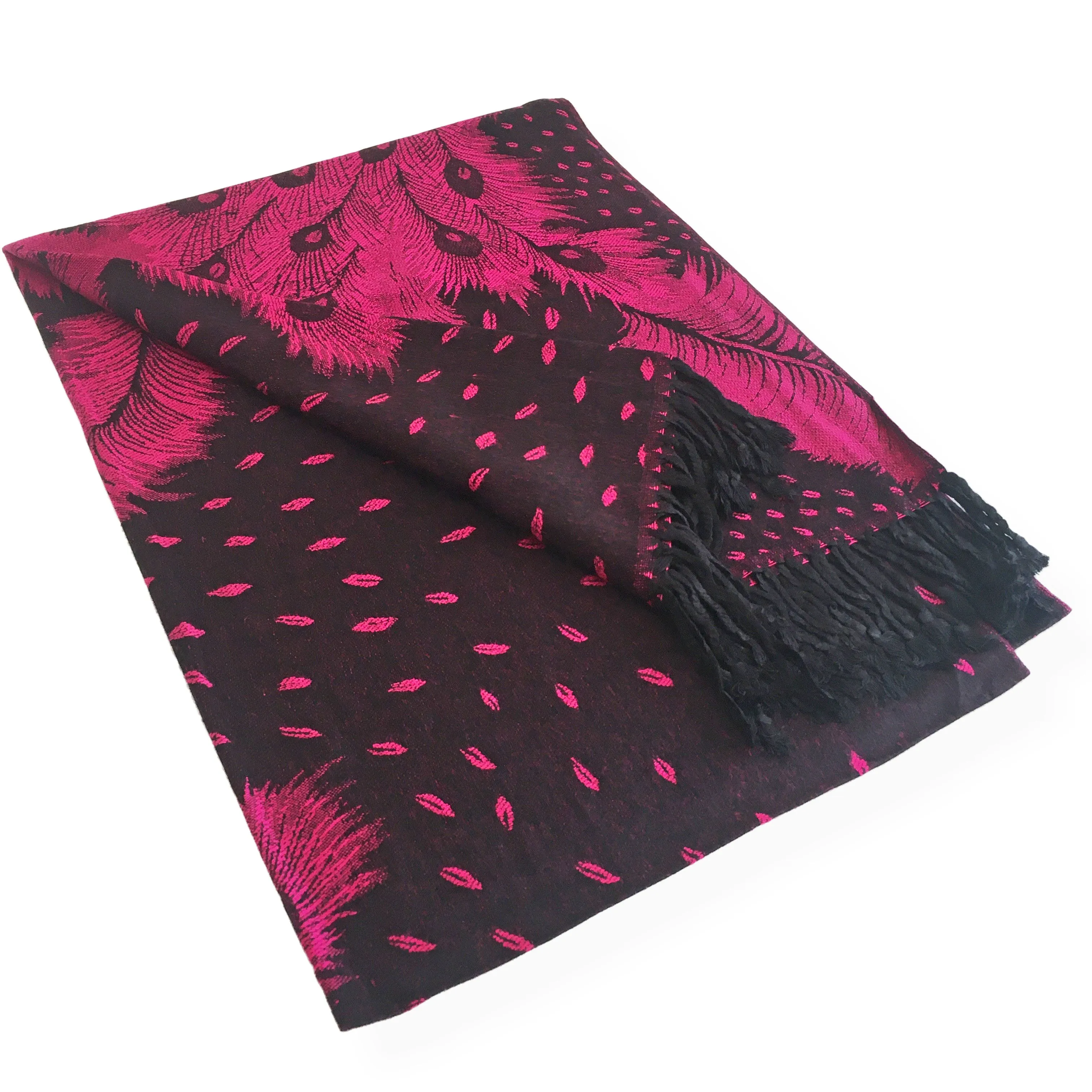 LARGE BLACK FEATHER AND LEAF PRINT REVERSIBLE PASHMINA SHAWL SCARF