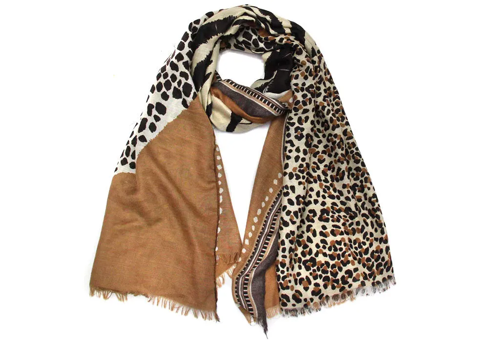 LARGE CAMEL COTTON MIX TIGER AND LEOPARD PRINT SHAWL SCARF