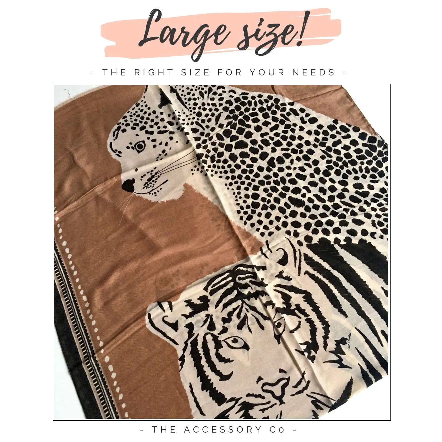 LARGE CAMEL COTTON MIX TIGER AND LEOPARD PRINT SHAWL SCARF