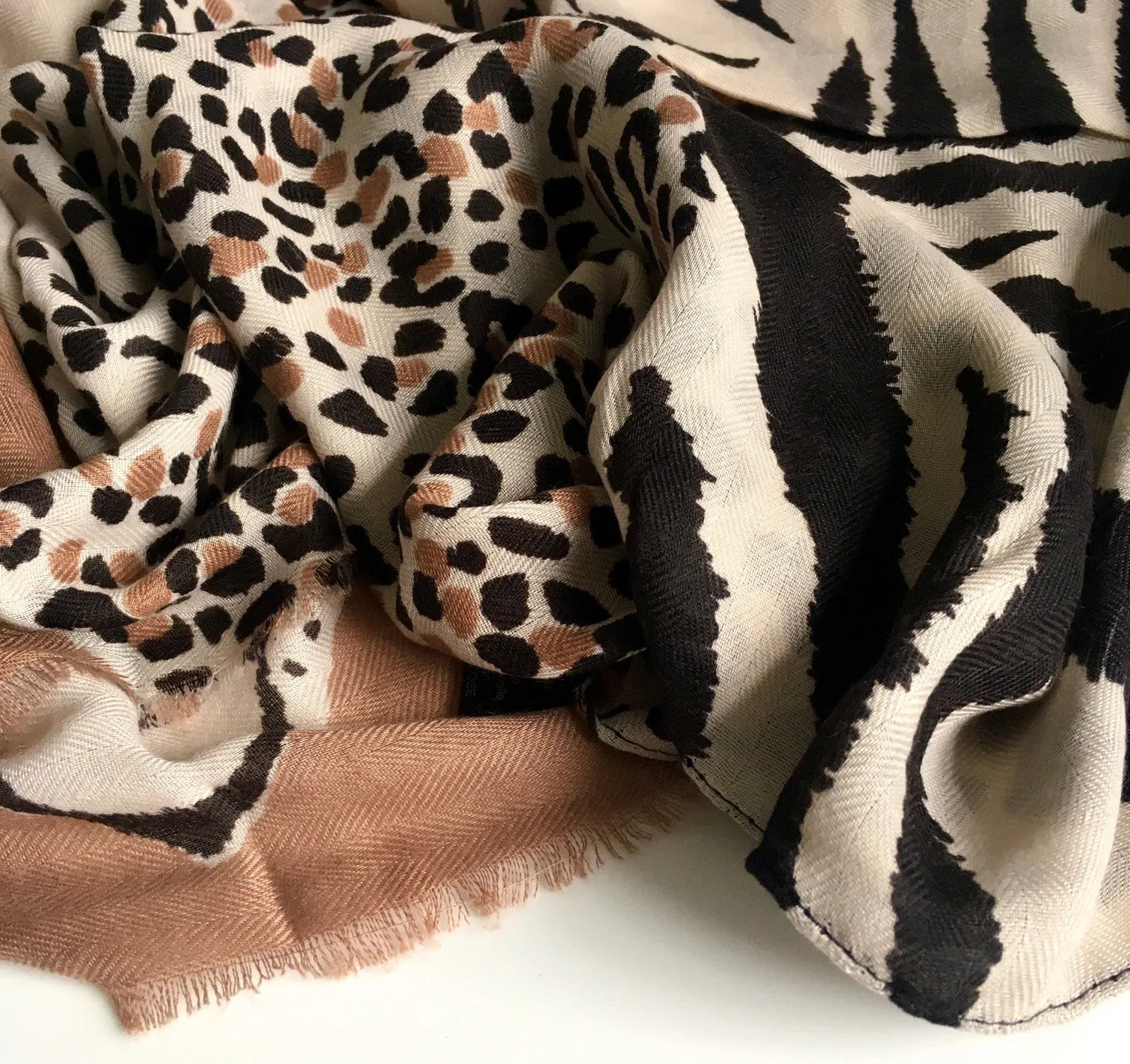 LARGE CAMEL COTTON MIX TIGER AND LEOPARD PRINT SHAWL SCARF