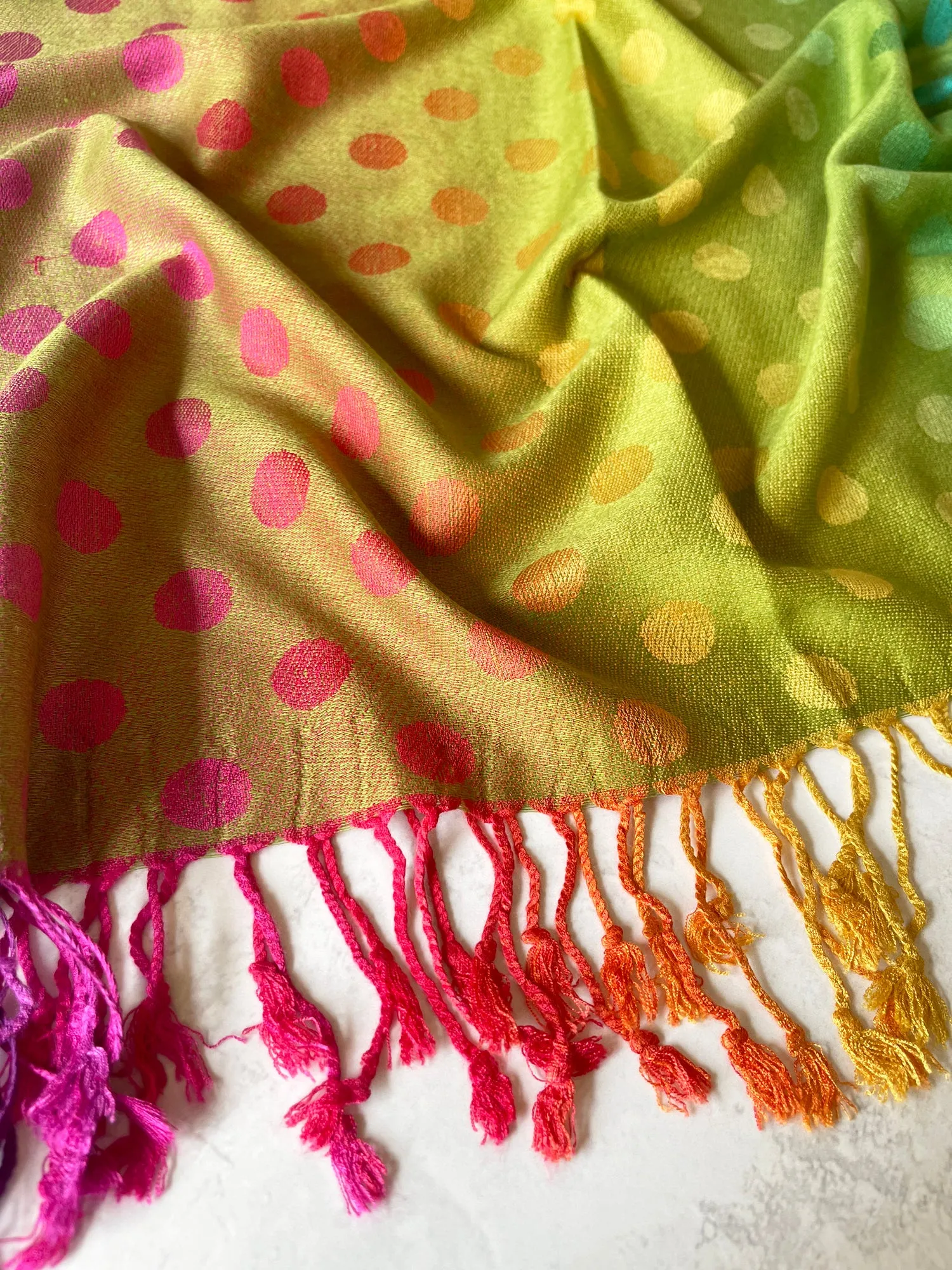 LARGE LIME YELLOW MULTI-COLOUR DOT PRINT PASHMINA SHAWL SCARF