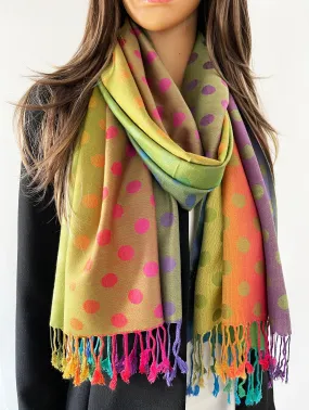 LARGE LIME YELLOW MULTI-COLOUR DOT PRINT PASHMINA SHAWL SCARF