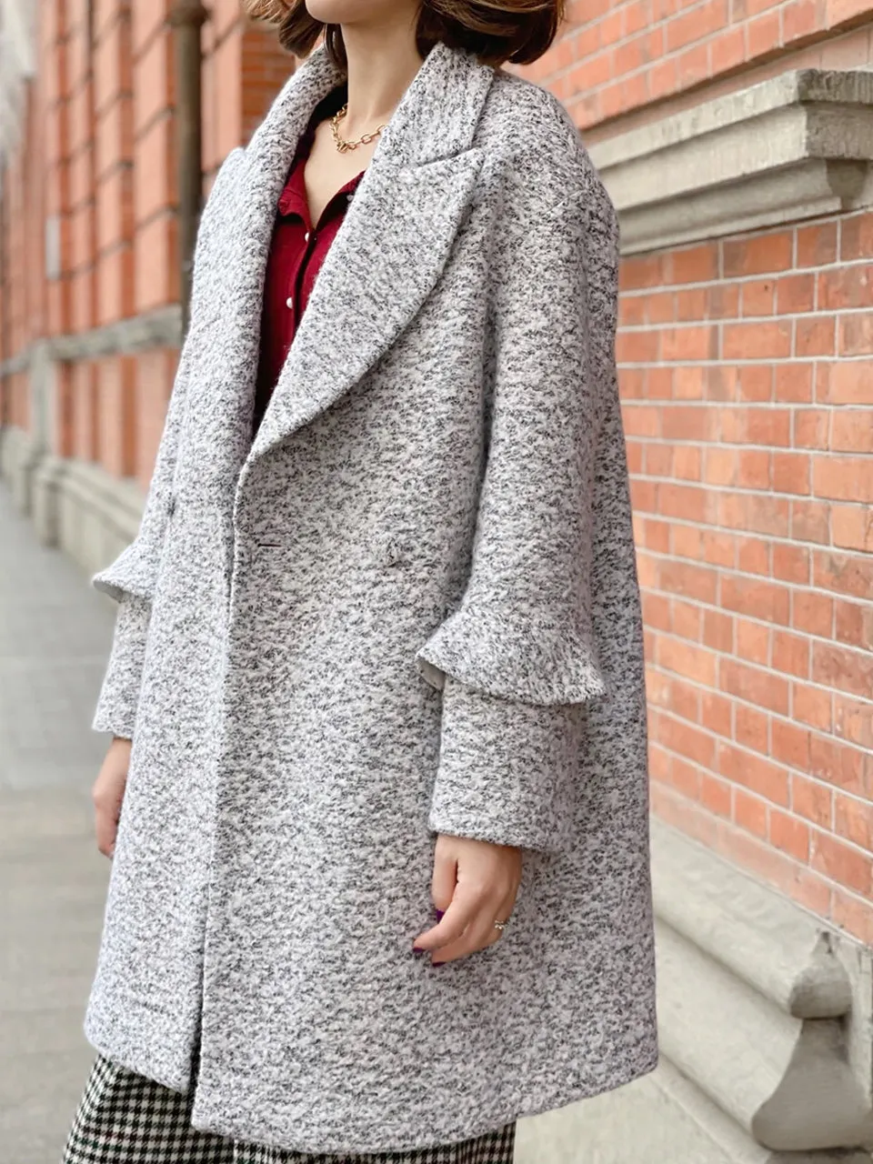 Last Chance! Grey Marl Ruffle Trimmed Woollen Cocoon Coat