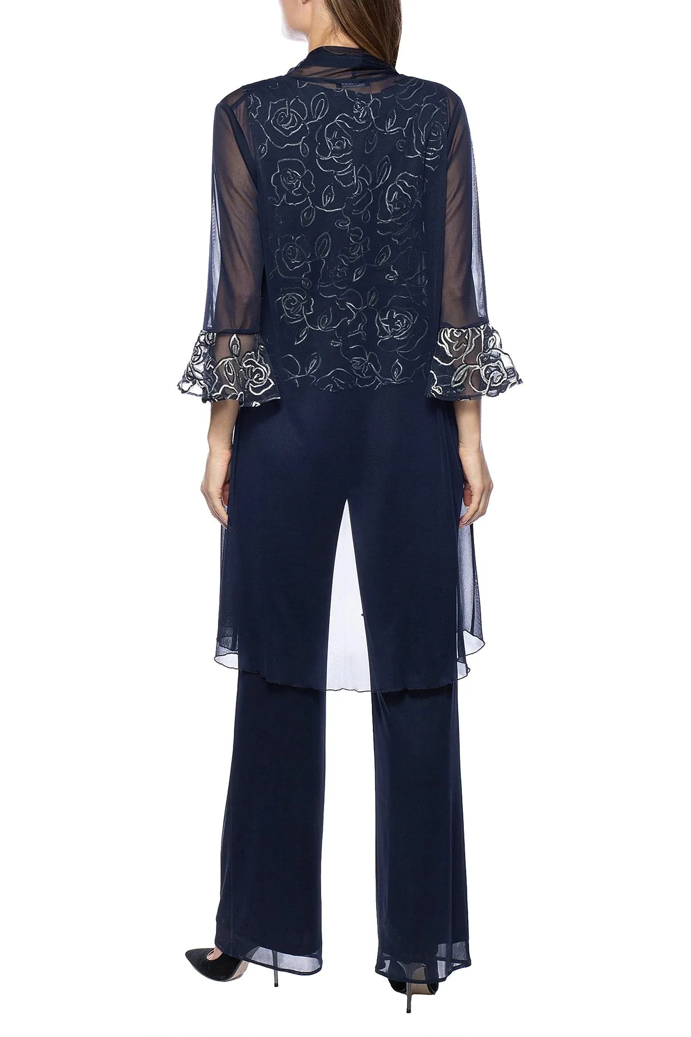 Marina Round Neck Sleeveless Embroidered Bodice Jersey Pants with Mesh Jacket 2 Piece Set